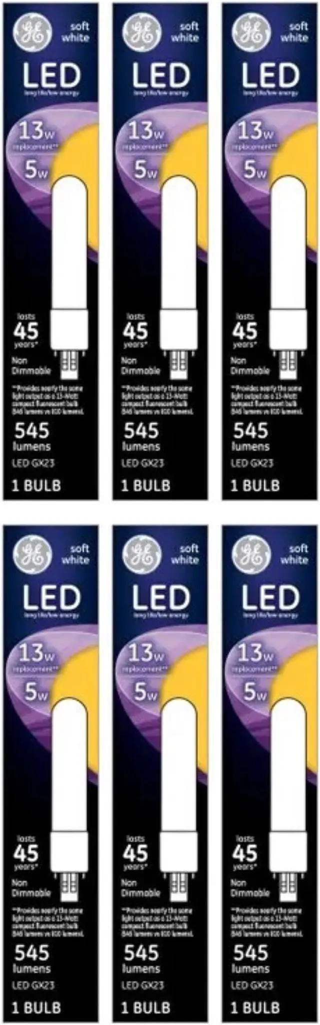 Main image of (6 bulbs) GE Lighting 93095834 LED GX23 Compact Fluorescent Retrofit Bulb, Soft White, 545 Lumens, 5 Watts
