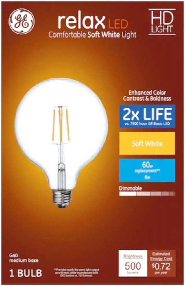 Main image of GE 41857 relax LED G40 Globe HD Light, 60 watt replacement using only 6 watts, 500 lumens, soft white, dimmable LED Light Bulb