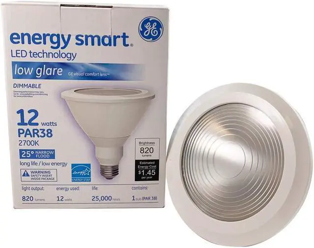 Alt view image 5 of 7 - GE 12w PAR38 Dimmable LED Narrow Flood 25 Warm White 2700k Low Glare Light Bulb