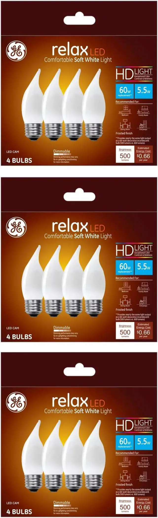 Alt view image 3 of 4 - (12 bulbs) GE 48265 relax LED Decorative Chandelier light bulb, 60 watt equivalent, bent tip, HD Light, frosted, dimmable LED Light bulb