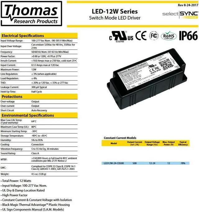 Alt view image 2 of 3 - Hubbell Thomas Research Products  Switch Mode LED Driver LED12W-24-C0500 Constant Current 12 watt series