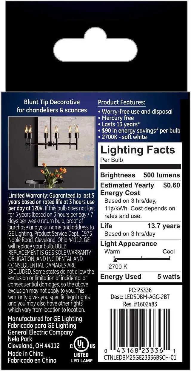 Alt view image 3 of 3 - (case of12 bulbs) GE 23336 LED Blunt Tip Decorative Light Bulbs, BM, 5 Watt (60 Watt Replacement), 500 Lumen, Soft White, Clear, Medium Base, Dimmable Chandelier LED Light Bulbs