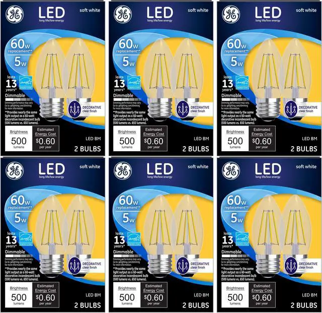 Alt view image 2 of 3 - (case of12 bulbs) GE 23336 LED Blunt Tip Decorative Light Bulbs, BM, 5 Watt (60 Watt Replacement), 500 Lumen, Soft White, Clear, Medium Base, Dimmable Chandelier LED Light Bulbs
