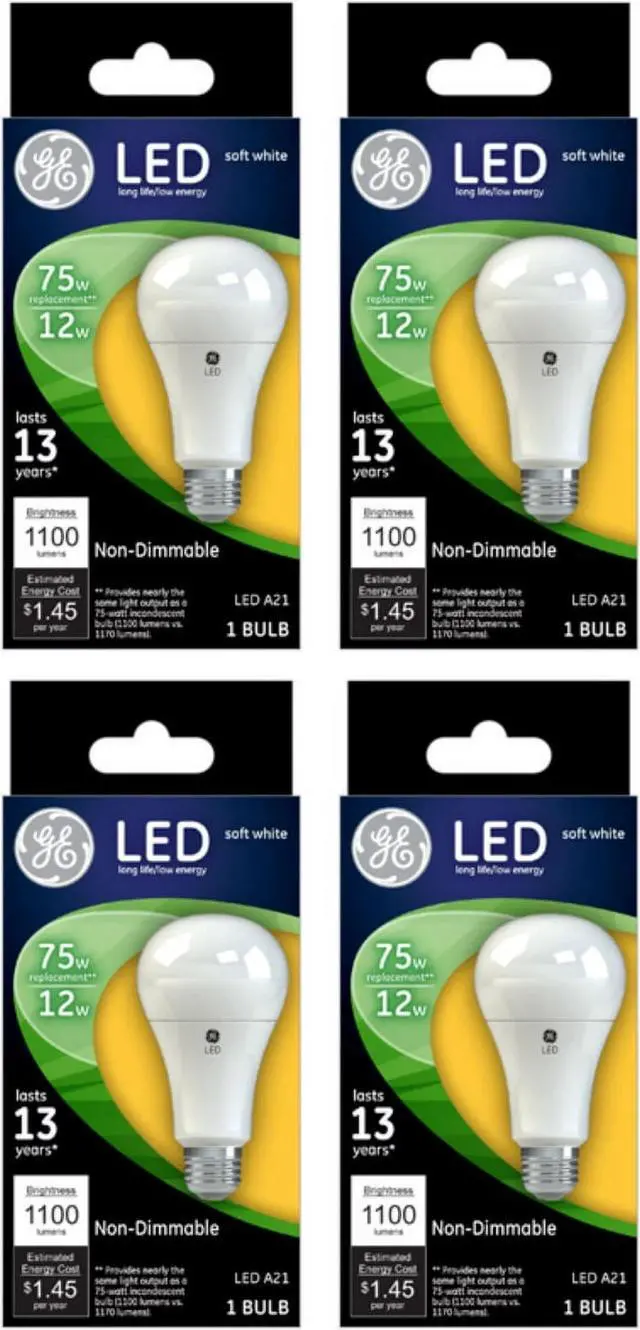 Alt view image 2 of 3 - (4 bulbs) GE Lighting 65721 LED A21, 12 watt (75 watt equivalent) soft white A21, non-dimmable, LED light bulb, 1100 lumens