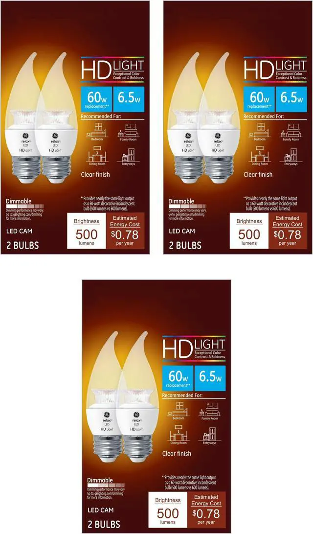 Alt view image 2 of 4 - (6 bulbs) GE Lighting 92282 LED Relax HD 6.5-watt (60-watt Replacement), 500-Lumen LED Candle Light Bulb, Dimmable, Medium Base, Clear Soft White