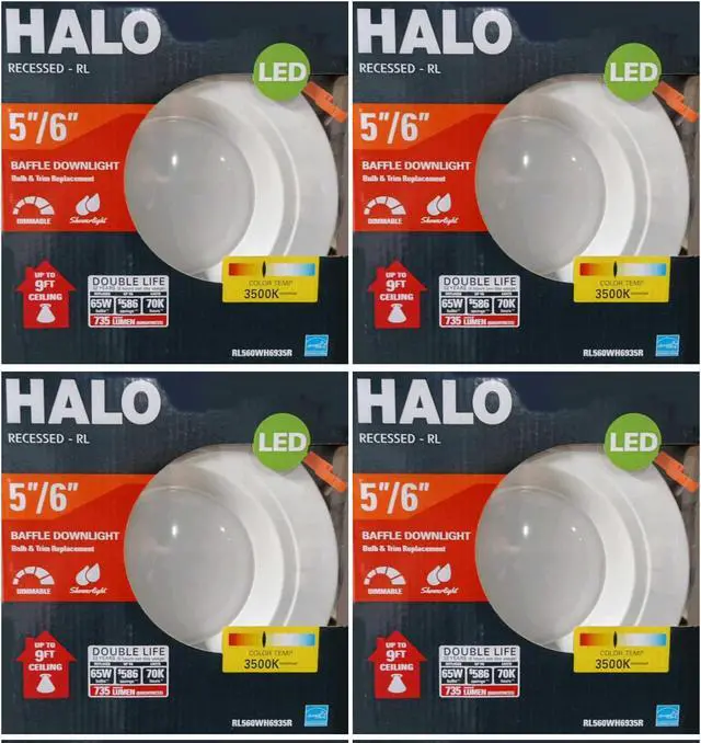 Alt view image 2 of 7 - (4 pack) HALO Recessed RL560WH6935R 5" or 6" Integrated LED bulb with Recessed White Trim, 3500K Soft White, 735 lumens, wet rated for shower use, complete bulb and trim replacement kit