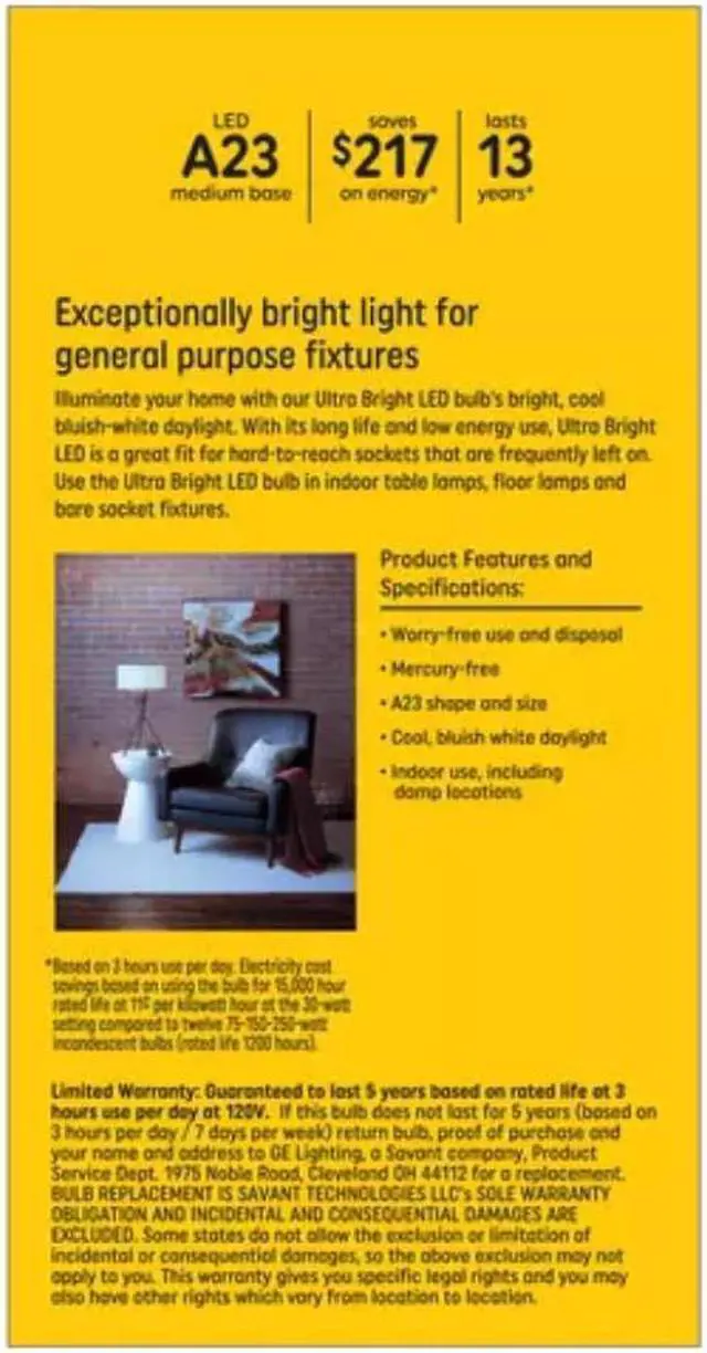 Alt view image 4 of 5 - (case of 3) Plump GE ultra bright LED 3-way light bulb, 75/150/250 watt equivalent, Daylight, 1100/2310/3900 lumens, exceptionally bright LED, frost finish. Note- Bulb is large, portly A23
