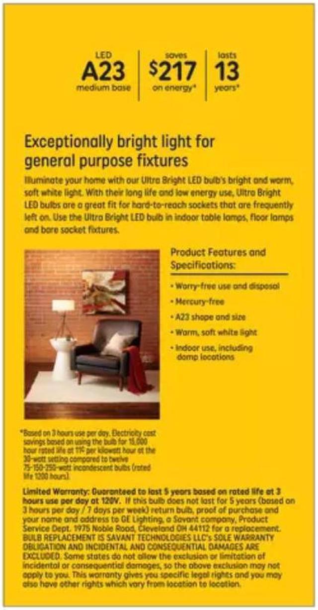 Alt view image 3 of 4 - Plump GE ultra bright LED 3-way light bulb, 75/150/250 watt replacement, Soft White, 1100/2310/3900 lumens, exceptionally bright LED A23, frost finish, irregular size