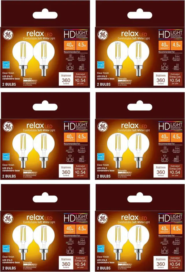 Main image of (12 bulbs) GE 42290 relax LED Soft White, Dimmable G16.5 Globe Light Bulb, 40 watt replacement using only 4.5 watts, 360 lumens, candelabra base
