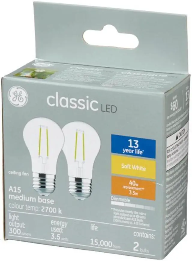Alt view image 3 of 3 - (12 bulbs) GE classic LED A15, 3.5 watt, 300 lumen 40 watt replacement, Dimmable, medium base, soft white 2700K Ceiling Fan Light bulb