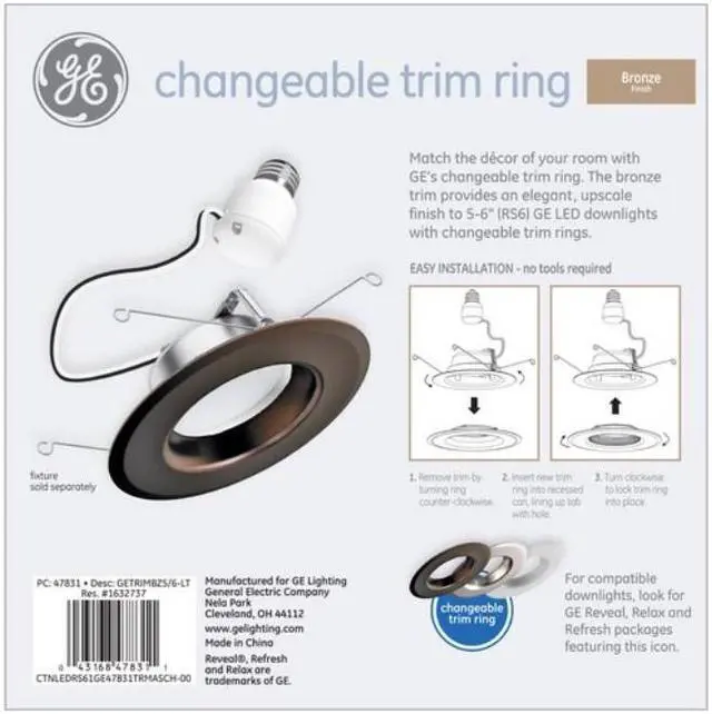 Alt view image 5 of 5 - (case of 6) GE 47831 changeable Trim Ring, Bronze Recessed Light Trim for 5 or 6 inch recessed downlight trim, bronze, compatible with 4 inch and 6 inch GE LED recessed downlights