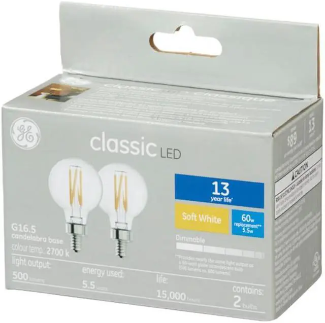Alt view image 2 of 3 - (2 bulbs) GE LED Decorative Globe, G16.5, 60 watt equivalent using only 5.5 watts, 500 lumens, 2700K Golden Soft White, Dimmable, Candelabra base, 13 year life