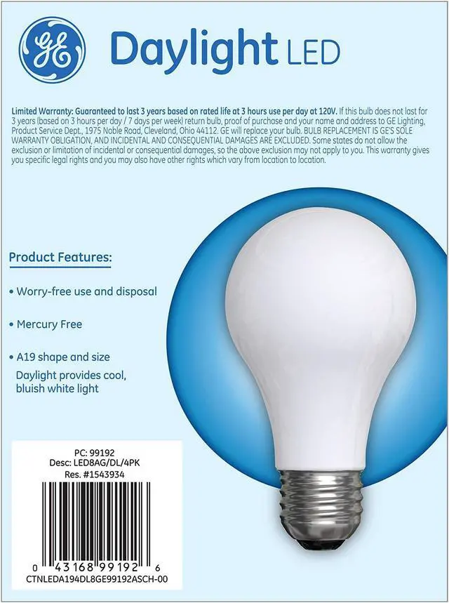 Alt view image 3 of 4 - (12 bulbs) GE Lighting 99192 Daylight Classic Shape A19 LED 8 watts (60 Watt Replacement), 760-Lumen, Medium Base, Frosted Daylight, LED Light Bulb