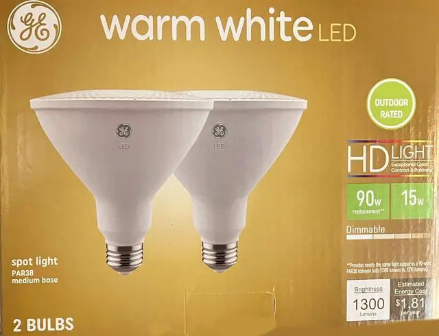 Main image of (2 bulbs) GE 48481 warm white LED PAR38 Outdoor / Indoor Spot Light, 15 watt, 1300 lumen, HD Light, medium base, 3000K Warm White