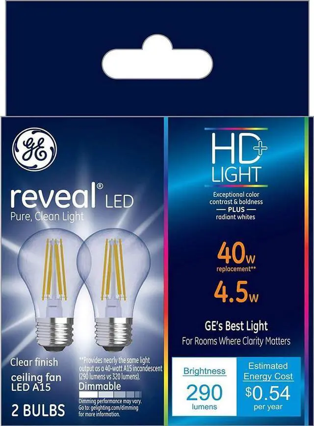 Main image of (2 bulbs) GE reveal LED A15 Ceiling Fan Light Bulb, 4 watt (40W Equivalent) HD Reveal, Clear Finish, Medium Base, Dimmable
