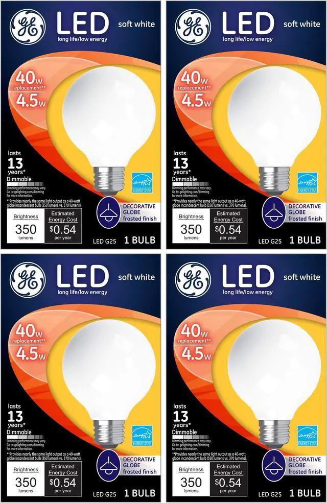 Main image of (case of 4) GE Lighting 25048 LED G25 Light Bulb, Decorative Globe,  4.5 watts (40-Watt Replacement), 350-Lumen, Energy-Star Rated, Dimmable Medium Base, Frosted White