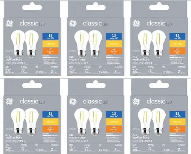 Main image of (12 bulbs) GE classic LED A15, 3.5 watt, 300 lumen 40 watt replacement, Dimmable, medium base, soft white 2700K Ceiling Fan Light bulb