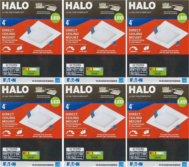 Alt view image 2 of 4 - Halo HLB 4 inch square LED Ultra Thin Downlight, Direct Ceiling Mount, 4 inches square LED Kit, White, Dimmable, 60 watt replacement, 3000K