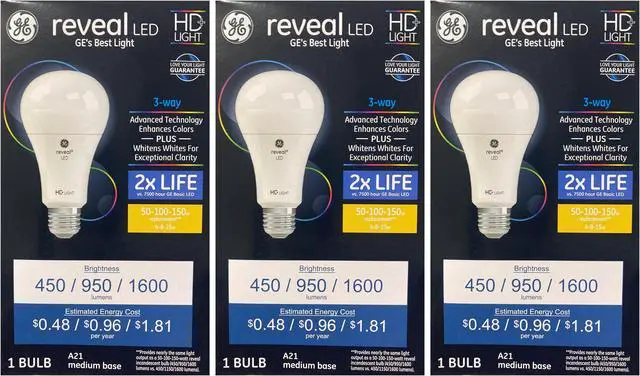 Main image of (3 bulbs) GE reveal LED A21 Color Enhancing 3-Way Bulb, 50/100/150 watt equivalent 3 way LED Light Bulb