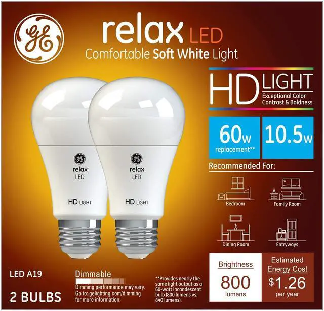 Alt view image 3 of 6 - GE Lighting 36835 Light Bulb Relax HD Dimmable LED A19 10.5 (60-Watt Replacement), 800-Lumen Medium Base, 2-Pack, Soft White, 2