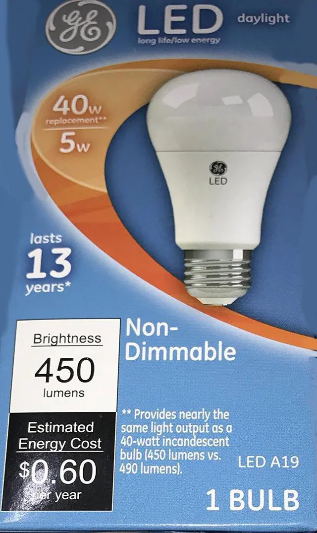 Alt view image 3 of 4 - (case of 8 bulbs) GE Lighting 61961 LED A19, 40 watt equivalent using only 5 watts, Daylight, Medium Base, Frosted LED Light Bulb, 450 lumens