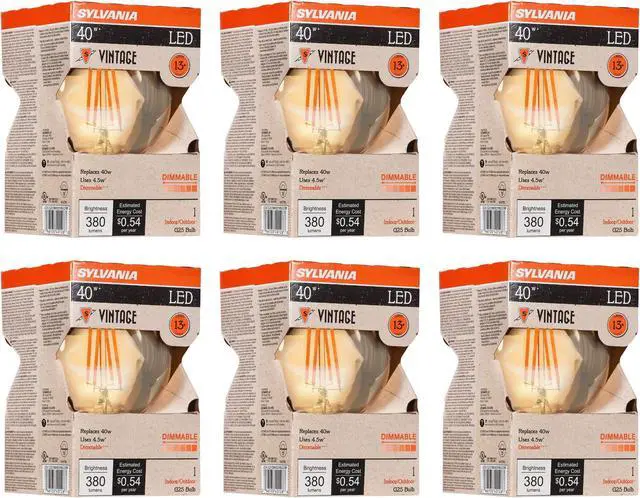 Alt view image 3 of 7 - (6 bulbs) SYLVANIA LED Vintage G25 40W Equivalent, Efficient 4.5W, E26 Medium Base, Dimmable 2175K Amber Glow Light Bulb