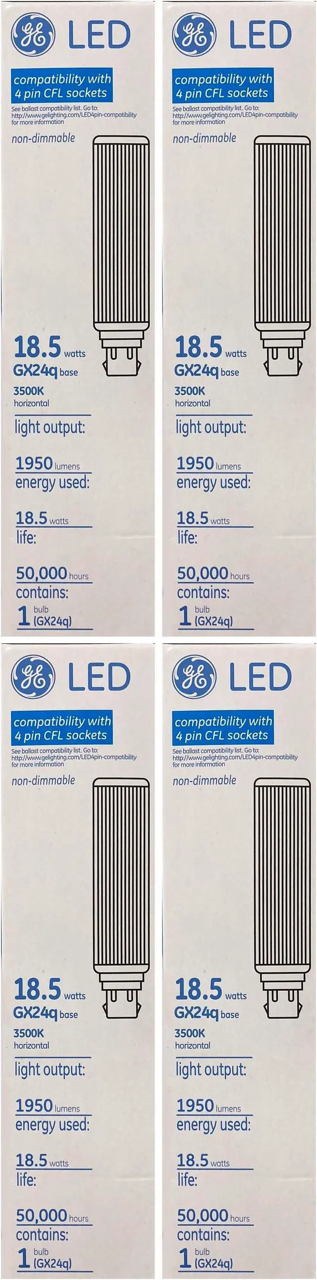 Alt view image 2 of 3 - (4 bulbs) GE 39276 - LED 4 Pin GX24q base,  CFL Replacement, 18.5 watts, 1950 lumens, 3500K, LED Light Bulb