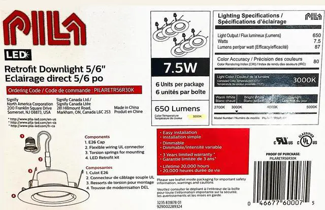 Alt view image 3 of 6 - (case of 6) Philips Pila LED Retrofit Downlight, 6 inch Round, 650 lumens, 3000K Color Temp, 120V, Dimmable, White Trim, LED Donwlight Luminaire PILARETR56R30K, with medium socket retrofit adapter