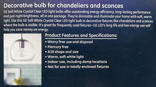 Alt view image 2 of 4 - (8 bulbs) GE Lighting 37674 A19 LED Light Bulb, 60 watt equivalent, Crystal Clear, soft white, Dimmable, medium base