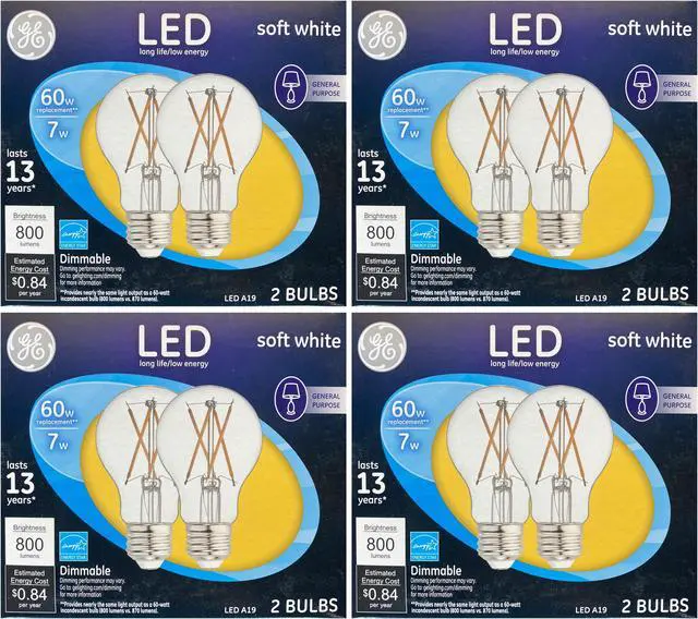 Main image of (8 bulbs) GE Lighting 37674 A19 LED Light Bulb, 60 watt equivalent, Crystal Clear, soft white, Dimmable, medium base