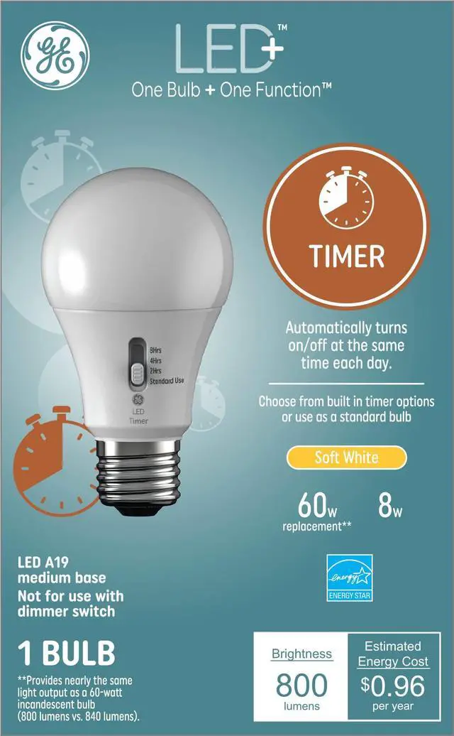 Main image of GE Lighting LED+ Timer Light  Bulb, Soft White, Built-In Automatic Timer, A19 Light Bulb (1 Pack)