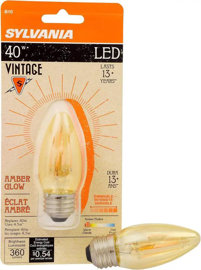 Main image of SYLVANIA 79721 Vintage LED Light Bulb, Efficient 4 Watts, B10 Medium Base, Amber Glass Edison Style, Warm White 2175K, Dimmable