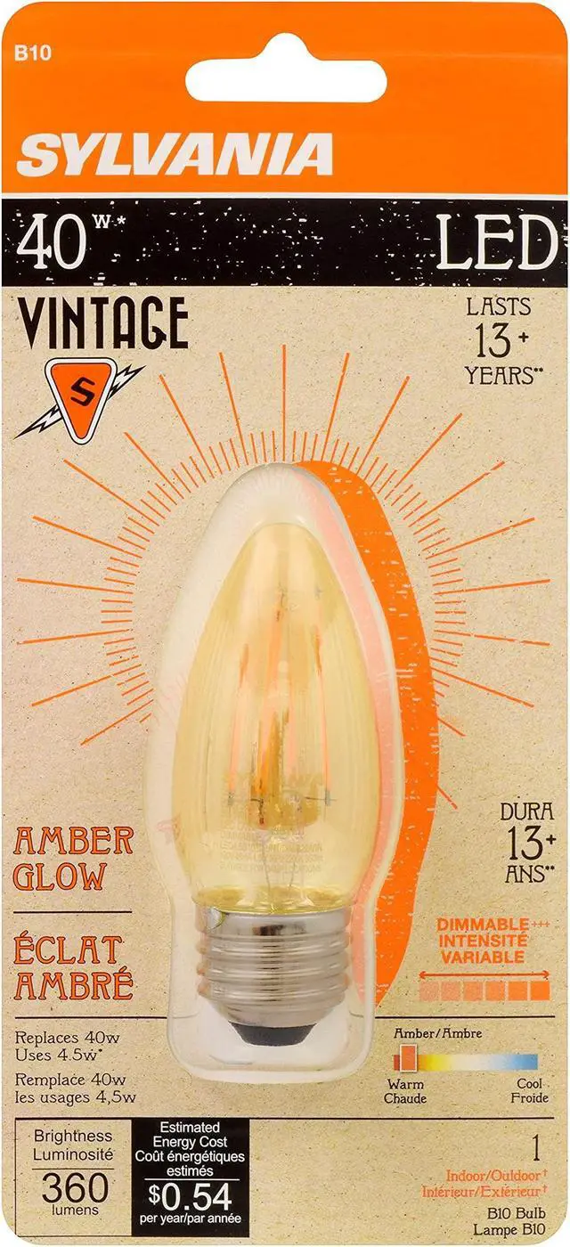 Alt view image 3 of 7 - SYLVANIA 79721 Vintage LED Light Bulb, Efficient 4 Watts, B10 Medium Base, Amber Glass Edison Style, Warm White 2175K, Dimmable
