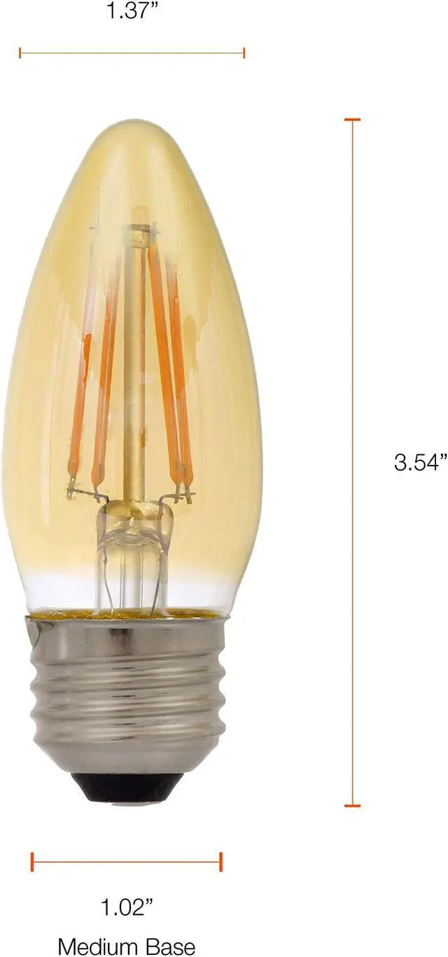 Alt view image 6 of 7 - (12 bulbs) SYLVANIA 79721 Vintage Decorative LED Light Bulb, Efficient 4 Watts, B10, Medium Base, Amber Glass Edison Style, Amber Glow 2175K, Dimmable