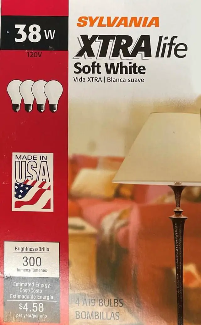 Main image of (16 pack) Sylvania 15808 Incandescent 38 watt A19 Xtra Life Soft White Light Bulbs Made in the USA Extra Life