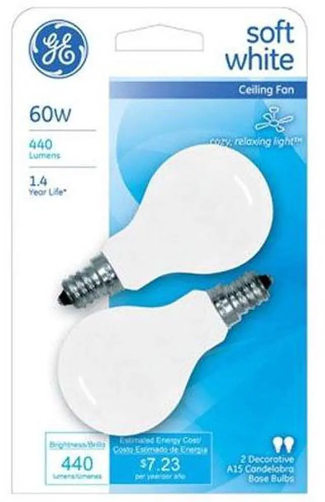 Main image of GE A15 Ceiling Fan Decorative Light Bulb, Soft White Finish, 60-Watts, Candelabra Base, 2-Pack