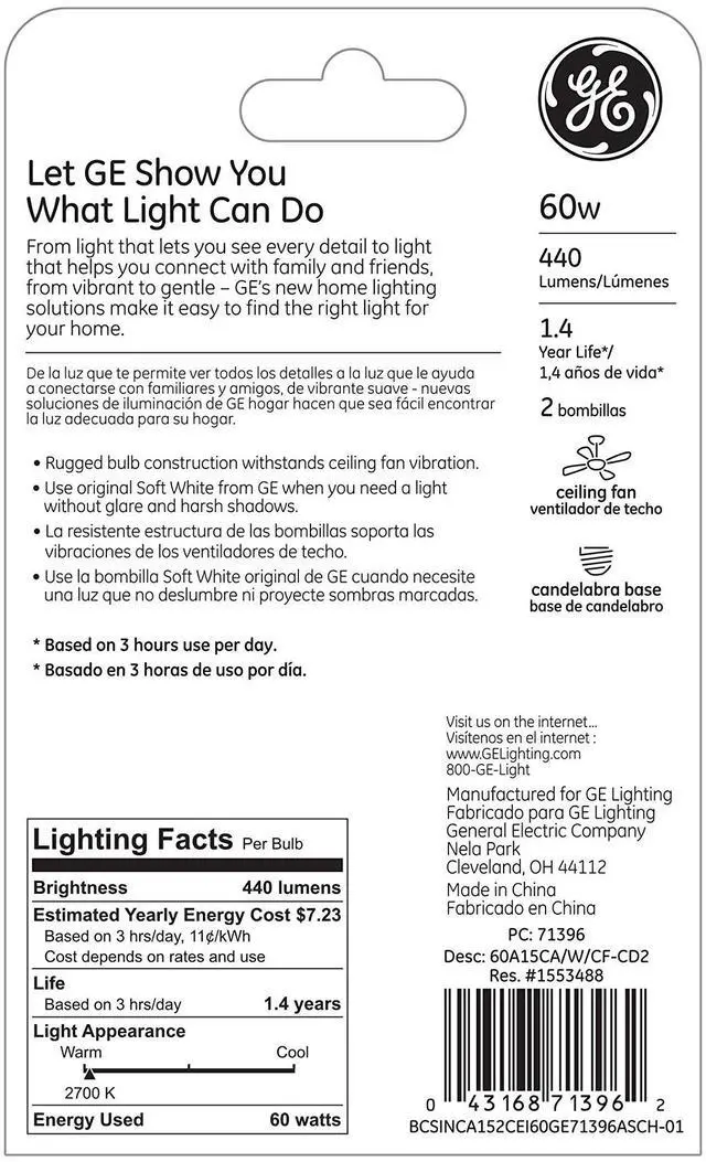 Alt view image 3 of 5 - GE A15 Ceiling Fan Decorative Light Bulb, Soft White Finish, 60-Watts, Candelabra Base, 2-Pack