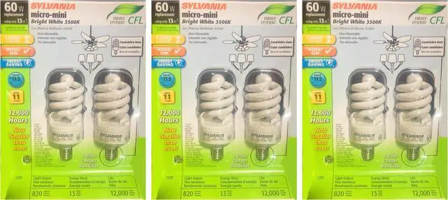Main image of (6 bulbs) Sylvania micro-mini CFL, spiral, 60 watt equivalent, bright white 3500K, candelabra base, micro energy efficient CFL light bulb