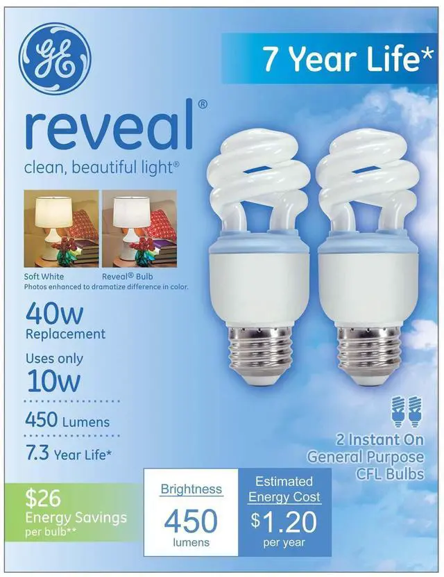 Alt view image 2 of 3 - GE Lighting 67451 Reveal Spiral CFL 10-Watt (40-watt replacement) 450-Lumen T3 Spiral Light Bulb with Medium Base, 2-Pack,Color Enhanced Long Life
