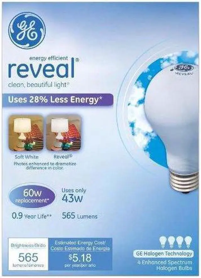 Alt view image 2 of 2 - GE Lighting 67770 Reveal 43-Watt, 565-Lumen A19 Light Bulb with Medium Base, 4-Pack
