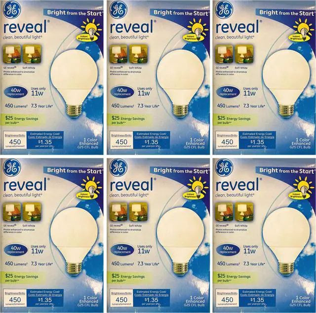 Alt view image 2 of 2 - (6 bulbs) GE Reveal G25 Color-Enhancing Decorative CFL Bulb, 11-Watt (40 watt equivalent), Medium base, 450 lumens, warm white compact fluorescent lightbulb