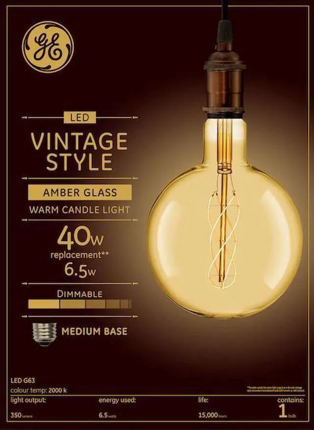 Alt view image 2 of 4 - GE Large Vintage LED G63 Globe, Warm Candle Light 2000K, 6.5 watt, 350 lumen, Amber Glass, Spiral Weave Filament, Dimmable LED Globe Light Bulb