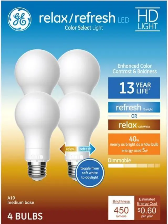 Main image of (4 bulbs) GE Relax/Refresh LED A19 color select light bulb, choose either soft white relax or cool white refresh, toggle switch on bulb, HD Light, 450 lumens, dimmable, medium base