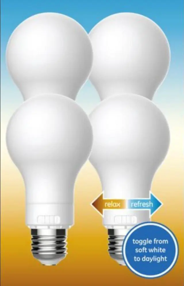 Alt view image 2 of 4 - (4 bulbs) GE Relax/Refresh LED A19 color select light bulb, choose either soft white relax or cool white refresh, toggle switch on bulb, HD Light, 450 lumens, dimmable, medium base
