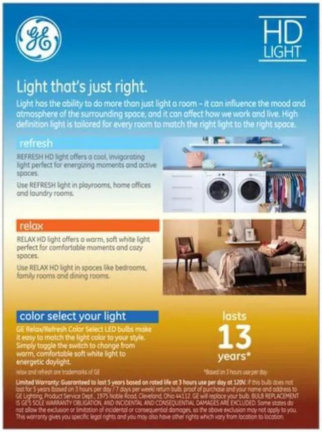 Alt view image 4 of 4 - (4 bulbs) GE Relax/Refresh LED A19 color select light bulb, choose either soft white relax or cool white refresh, toggle switch on bulb, HD Light, 450 lumens, dimmable, medium base