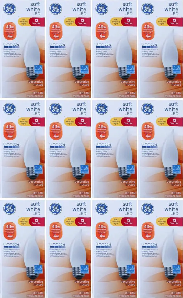 Alt view image 2 of 3 - (case of 12 bulbs) GE Lighting soft white LED Chandelier Bulb, 4 watt, 300 lumen, frosted. bent-tip, Dimmable Decorative, Medium Base, CAM LED Light Bulb