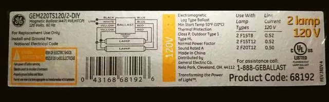 Main image of GE Lighting 68192 Magnetic Ballast, GEM220TS120/2-DIY, 2 lamp 120V ballast, 60 Hz, use with 20/15/15 watt lamps