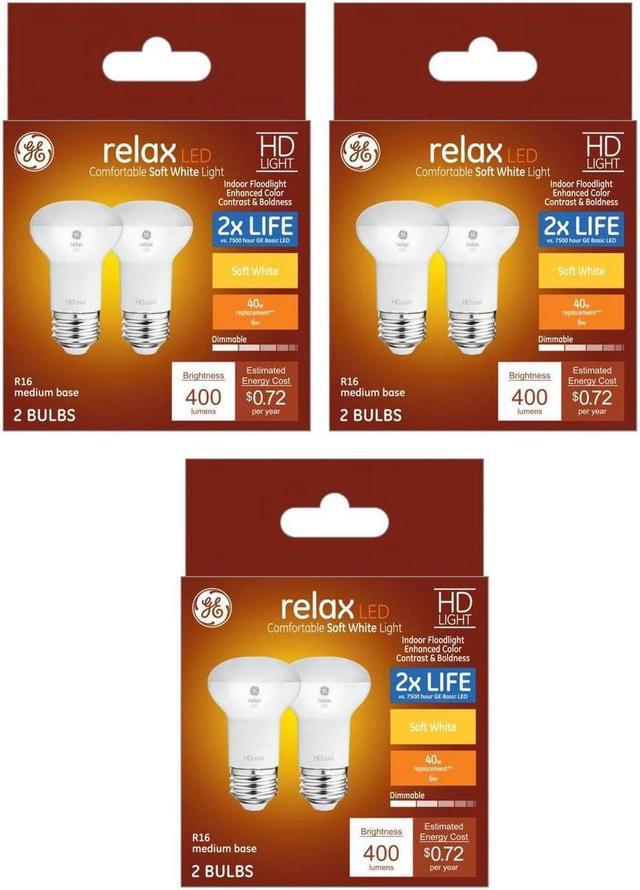 6 bulbs GE Relax LED R16 6 watt 400 lumen Dimmable Soft White