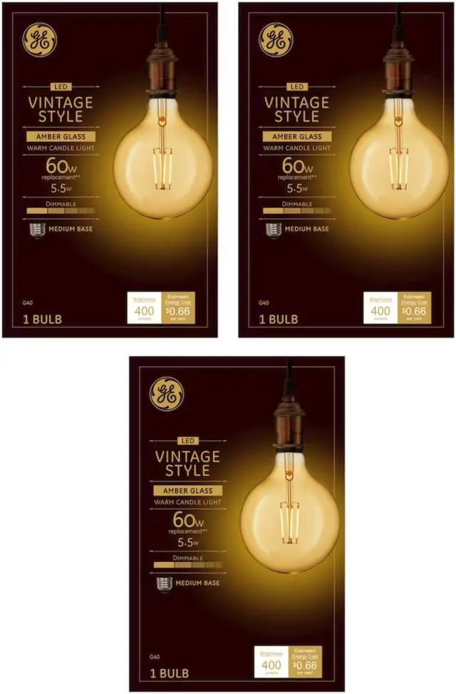 Main image of (case of 3 bulbs) GE Lighting 48631 Vintage LED G40 Light Bulb, Warm Candlelight, Amber Glass, 60 watt equivalent using only 5.5 watts, 400 lumens, Dimmable, Vintage Style LED Light Bulb