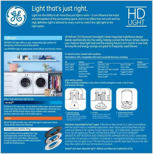 Alt view image 3 of 4 - (case of 6) GE Refresh LED Recessed Downlight, 65 Watt Equivalent, 4 inch, RS4, White Dimmable Recessed Downlight, Energetic Daylight 5000K, 8 watt, 700 lumen